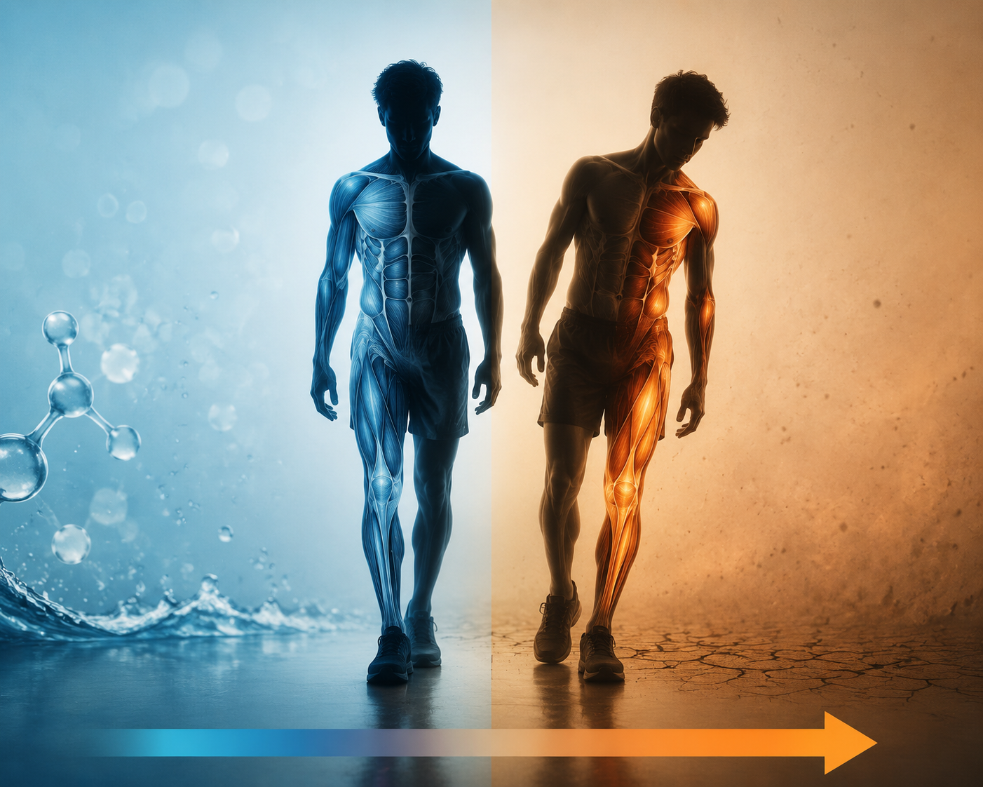 Athlete silhouette transitioning from stable posture to unstable posture as hydration decreases and injury risk increases