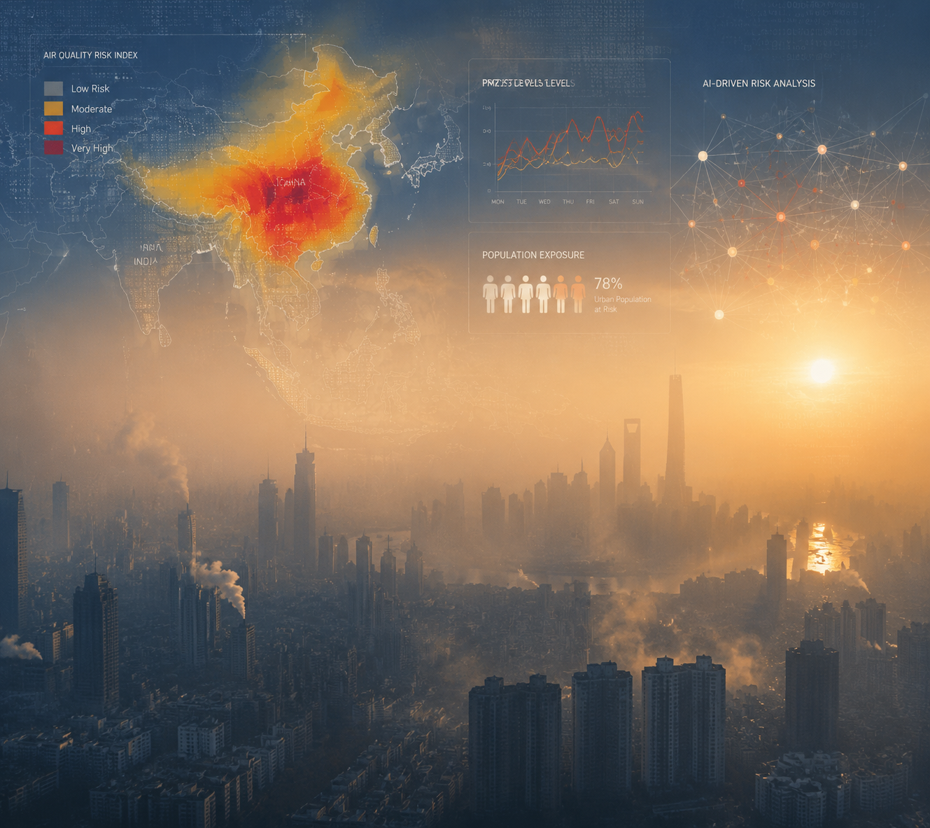 Smog-filled city skyline with AI data overlays representing environmental health risk analysis