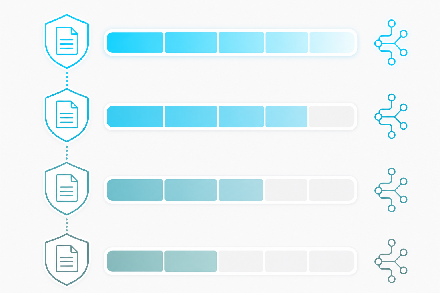 Four horizontal rows on a light background, each representing a clearance generation with a shield-document badge on the left, a horizontal progress bar in the center, and a circuit-node symbol on the right, connected by a vertical dotted line forming a version ladder with colors transitioning from muted teal at the bottom to bright cyan-white at the top.