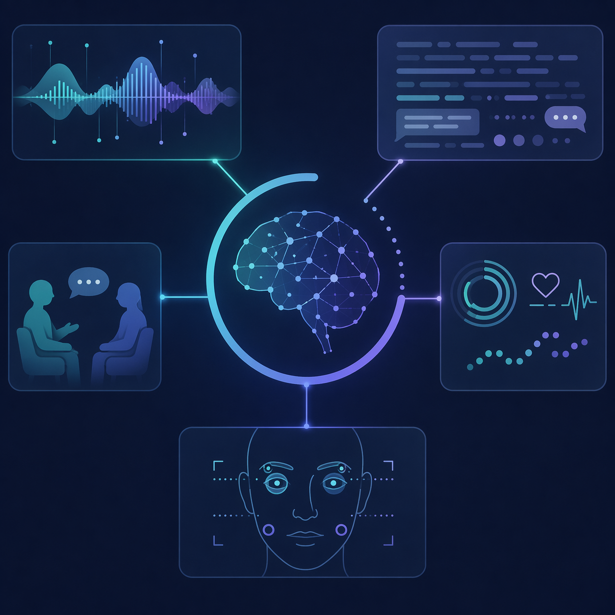 Conceptual illustration of voice, text, wearable, facial, and conversational data streams connected to an incomplete mental health assessment symbol
