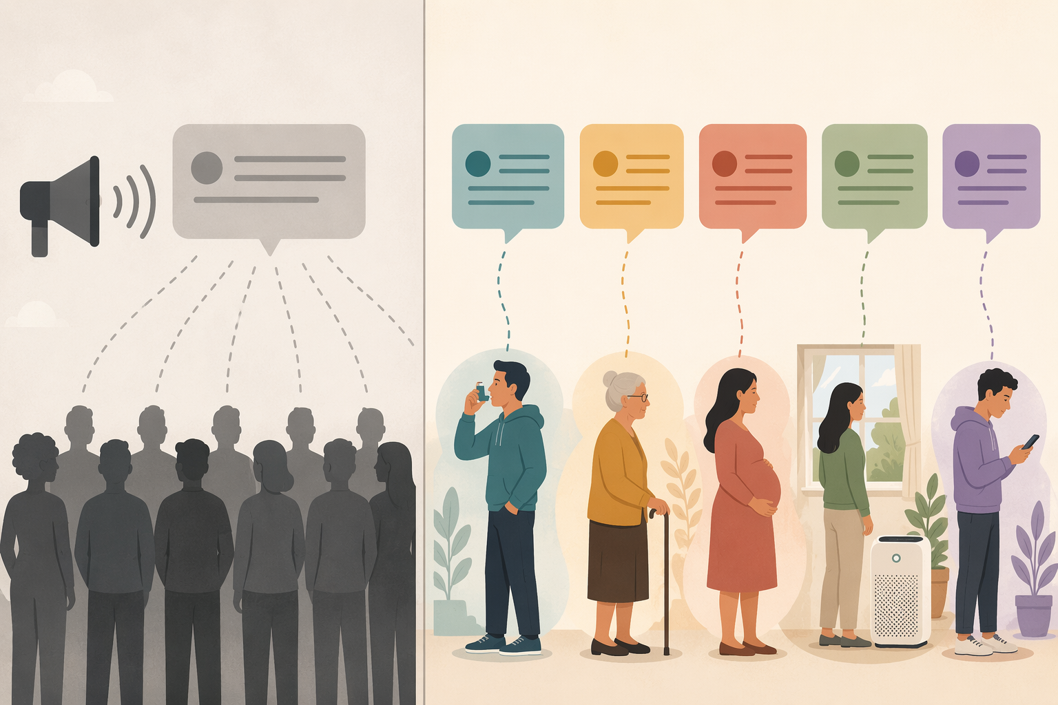 Comparison of one generic smoke advisory sent to a crowd versus different messages sent to people with different smoke-related risks and needs