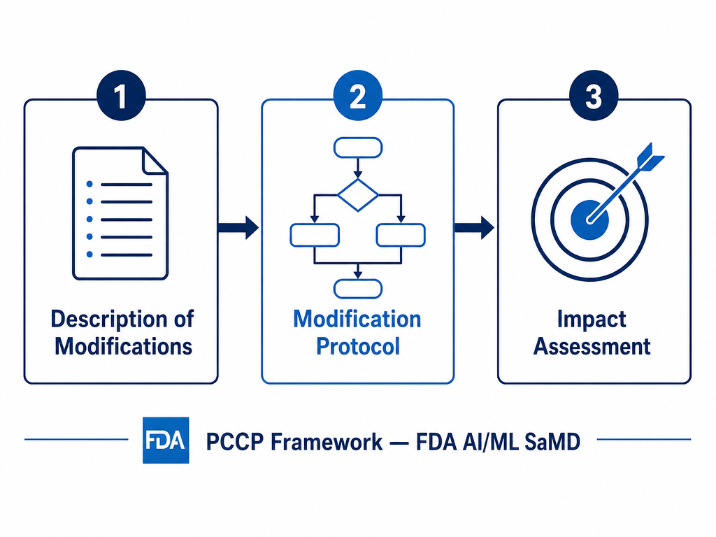 A three-panel schematic diagram on a white background showing the PCCP framework structure: Panel 1 titled 'Description of Modifications' with a document list icon, Panel 2 titled 'Modification Protocol' with a flowchart icon, and Panel 3 titled 'Impact Assessment' with a target icon, connected by arrows.