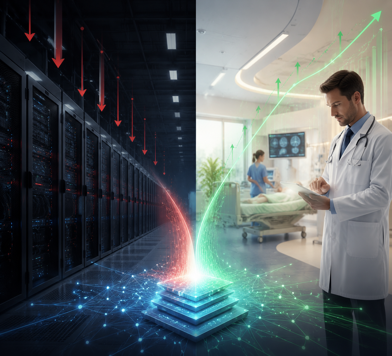 Split-screen illustration contrasting data center stock stress with healthcare AI momentum