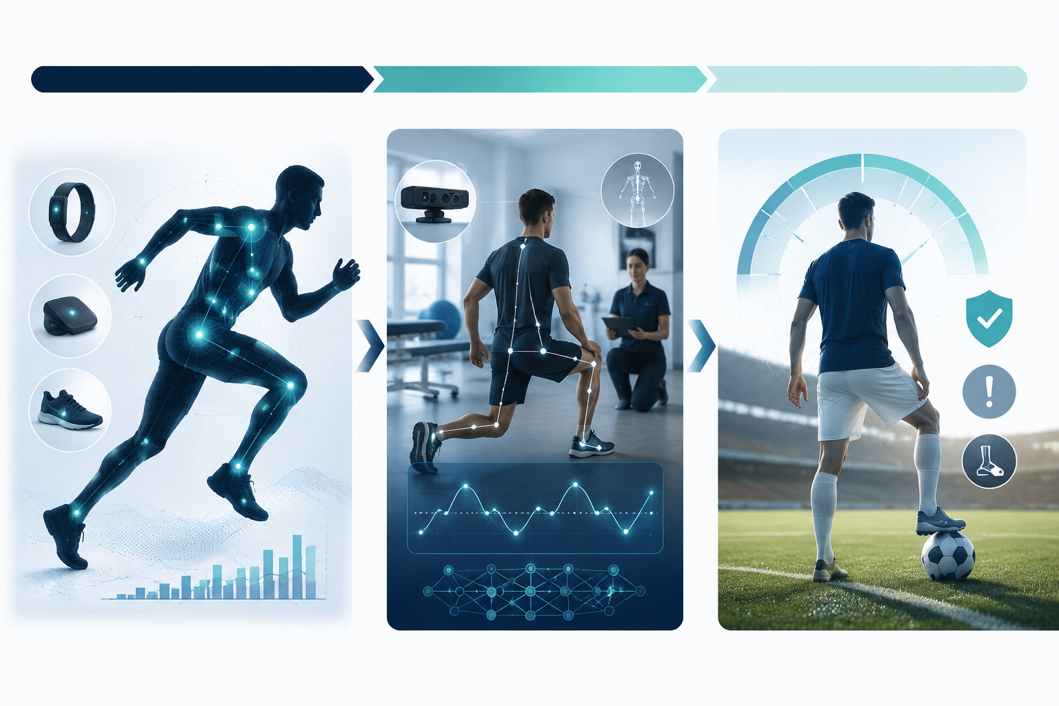 Three-panel evidence pathway for AI-supported injury risk prediction, rehabilitation monitoring, and return-to-sport readiness