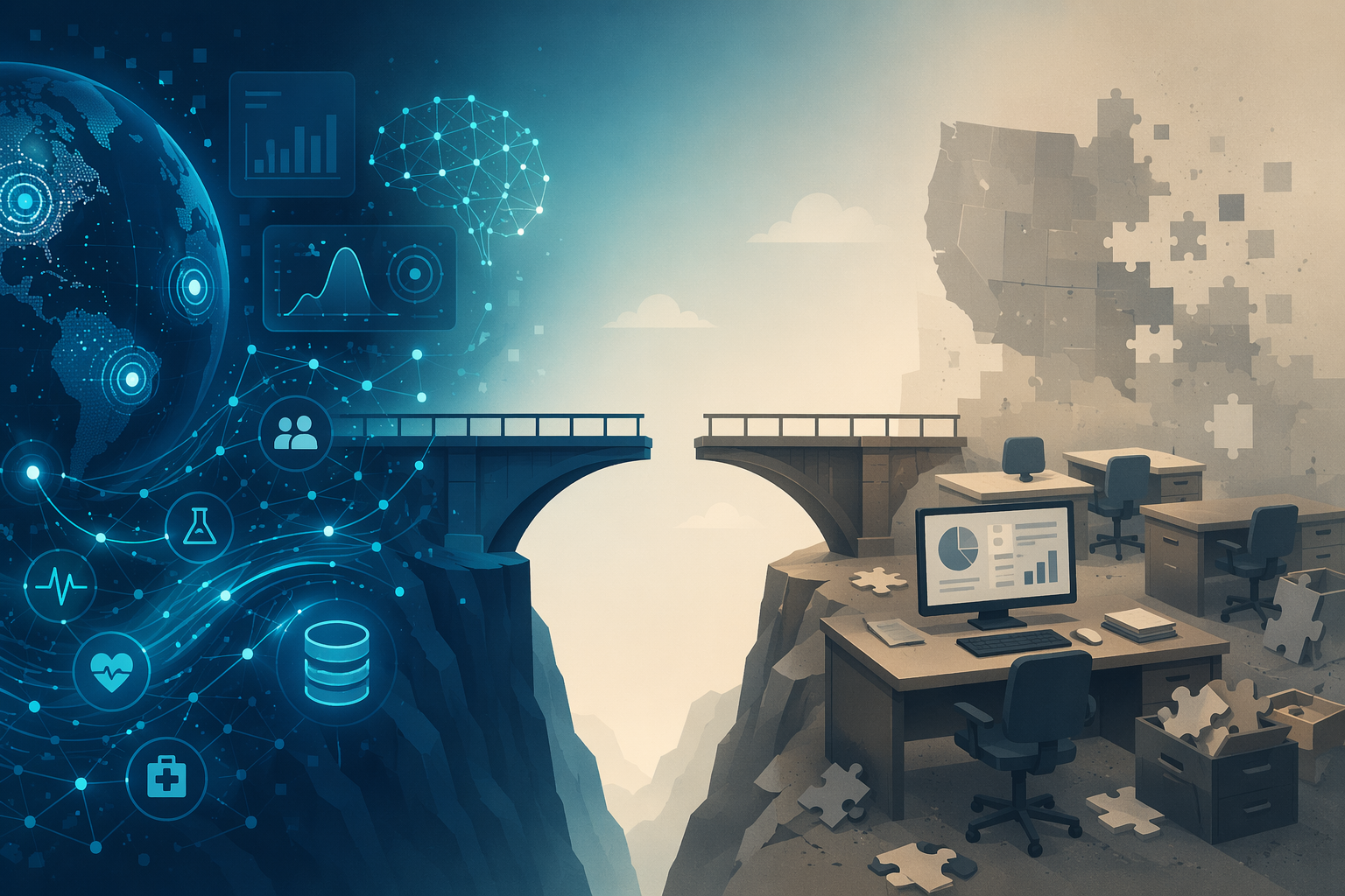 Illustration of AI outbreak signals separated from fragmented health agency infrastructure by an unfinished bridge