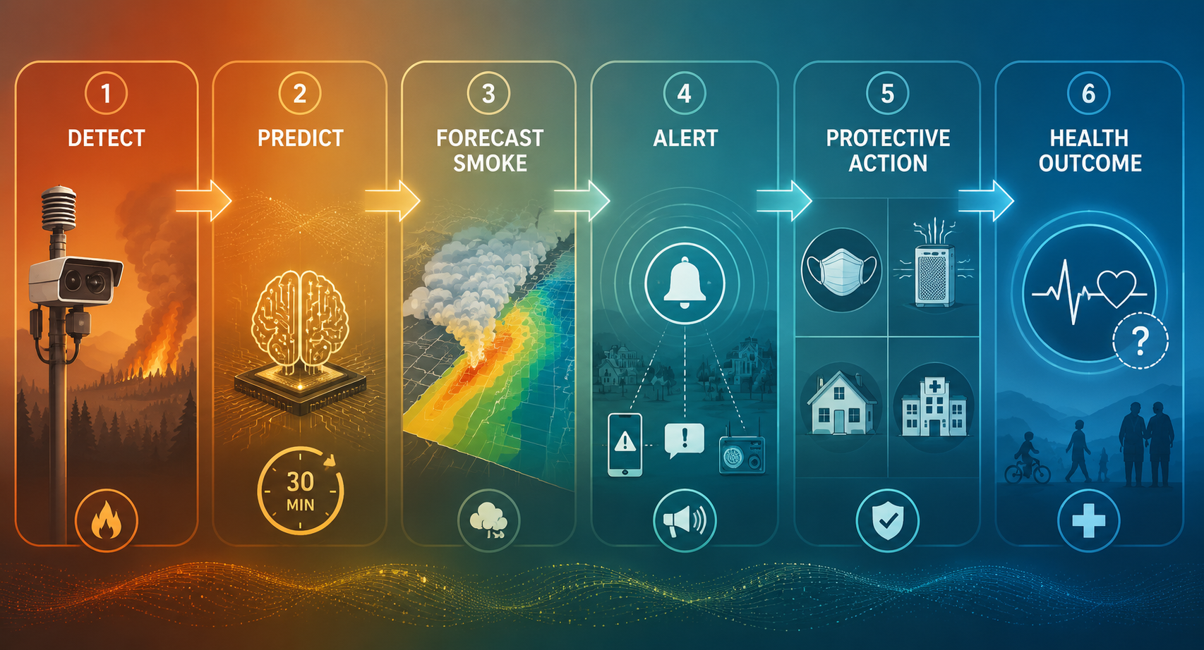 Conceptual diagram of wildfire smoke detection, prediction, smoke forecasting, alerts, protective action, and health outcomes