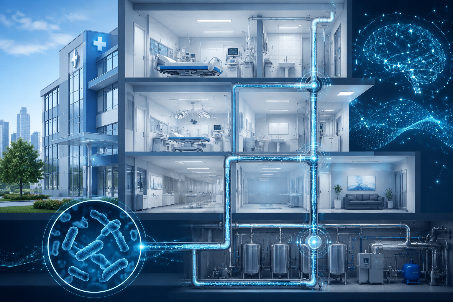 Hospital water pipes overlaid with digital data nodes for AI-powered monitoring