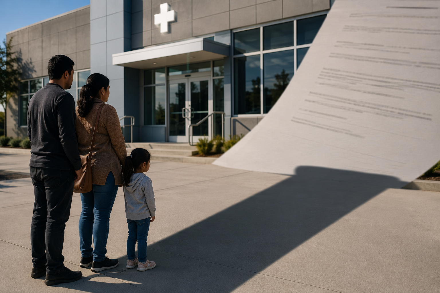 An immigrant family with a young child hesitates outside a health clinic while an official document casts a shadow toward the entrance.