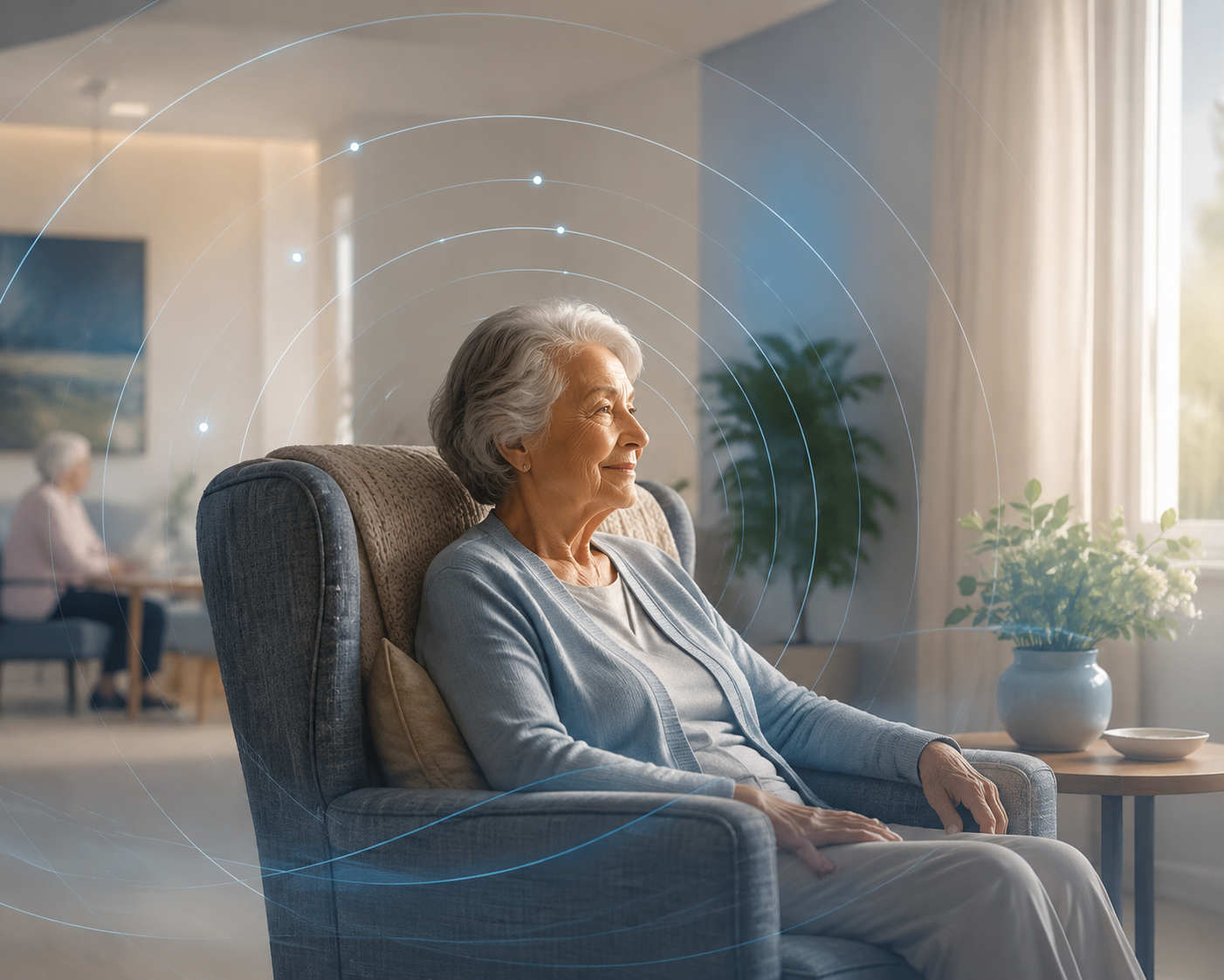 Older adult seated in an assisted living room with abstract radar waves indicating non-intrusive AI monitoring