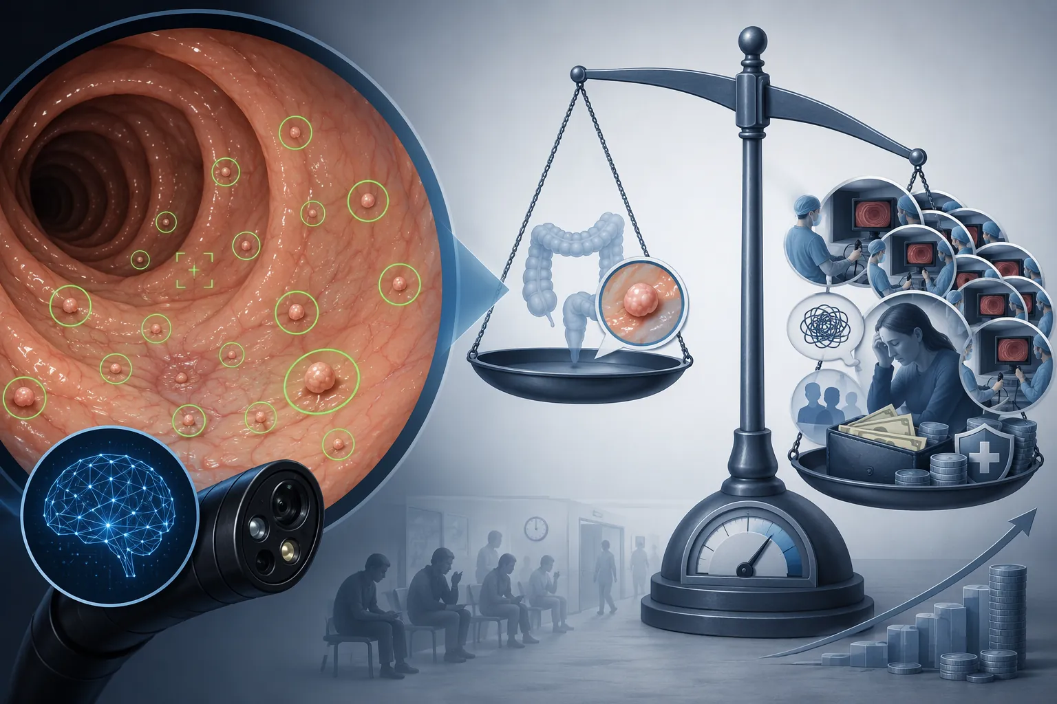 AI highlighting tiny colon polyps beside symbols of increased surveillance burden and cost
