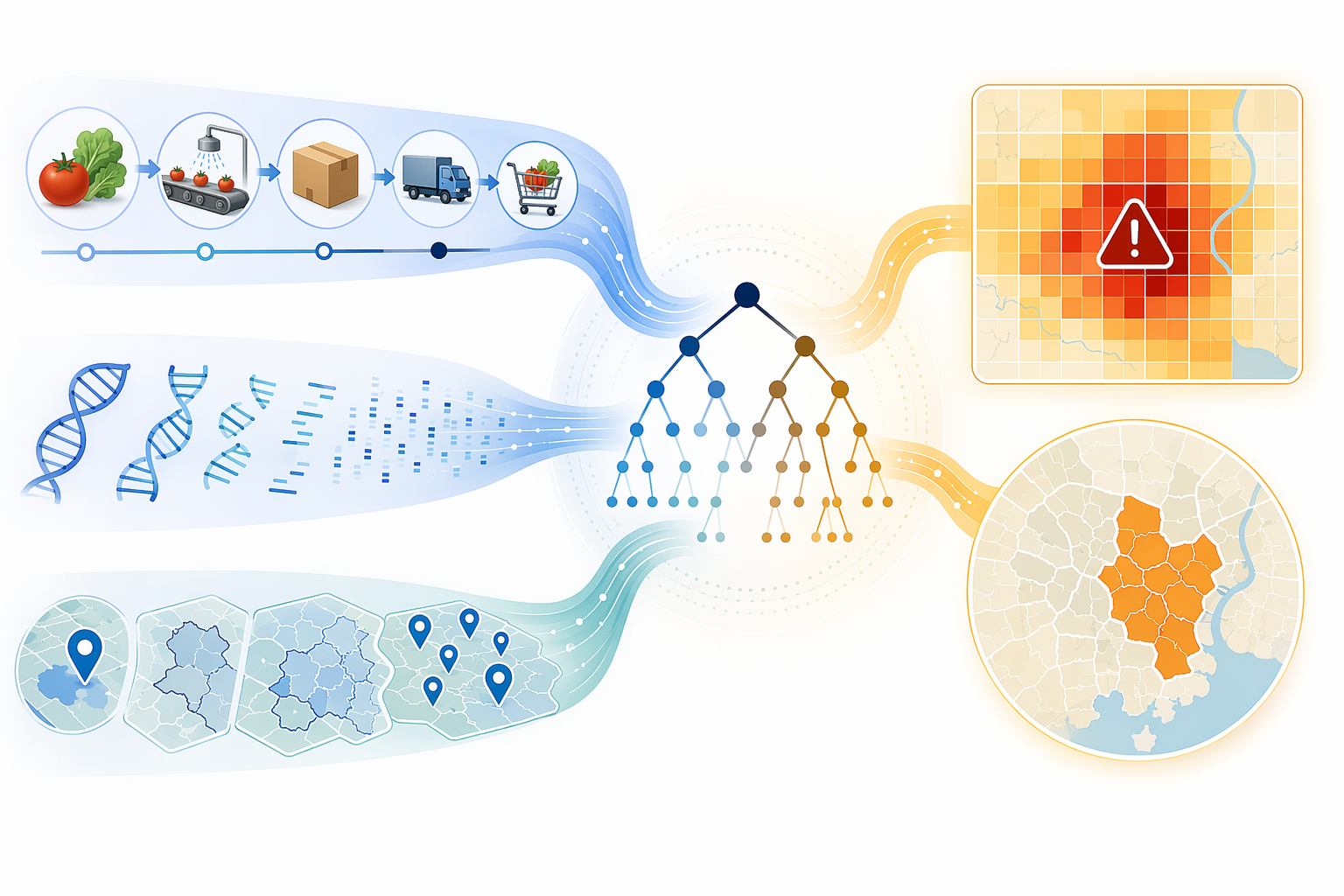 Food sample, genomic, and spatial surveillance data streams converging into a decision tree and risk map