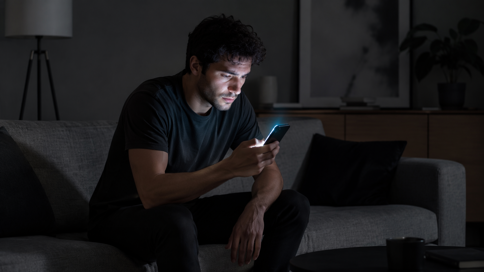 A young adult sits alone on a couch, looking down at a smartphone in the glow of the screen, as if realizing the conversation was deceptive.