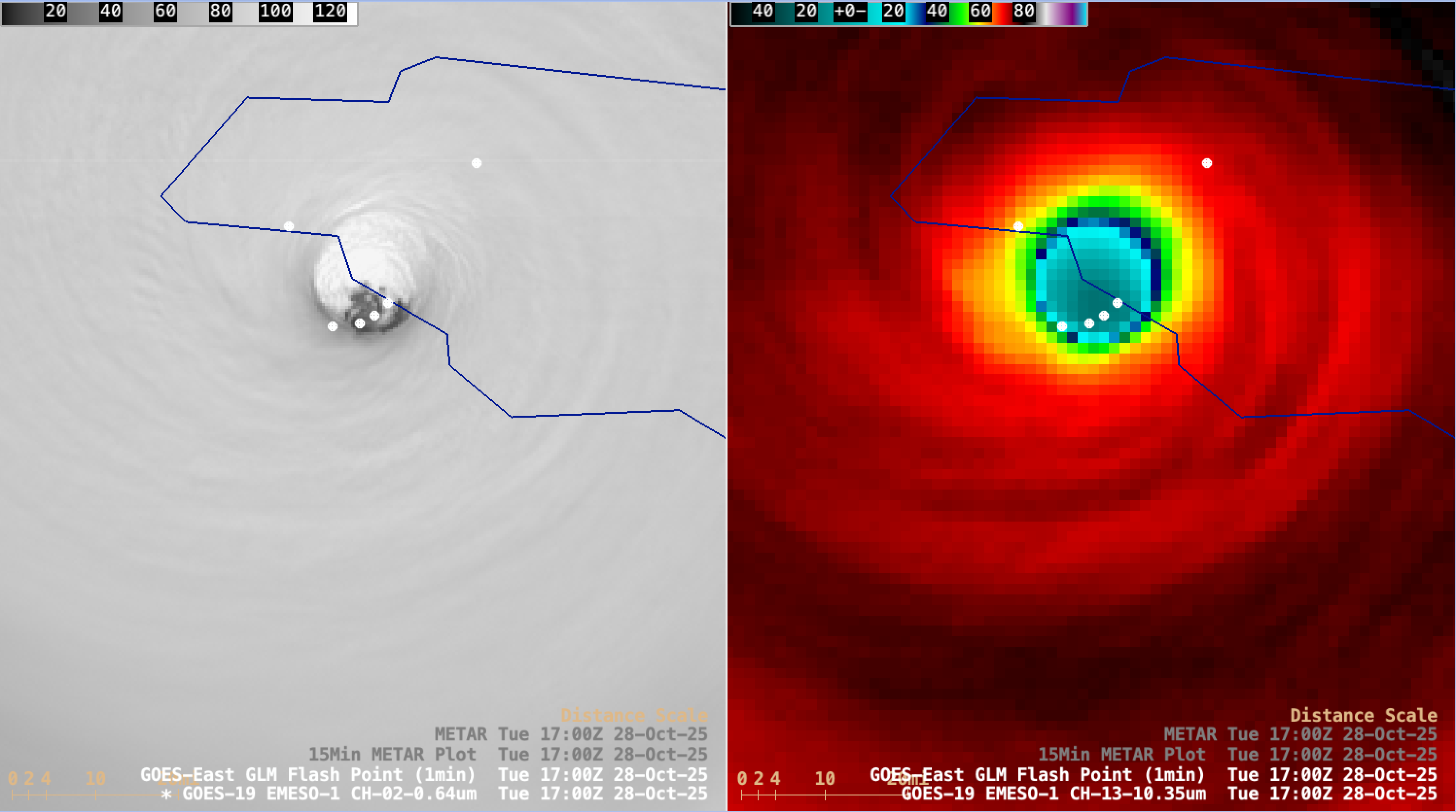 GOES-19 satellite composite of Category 5 Hurricane Melissa making landfall on Jamaica