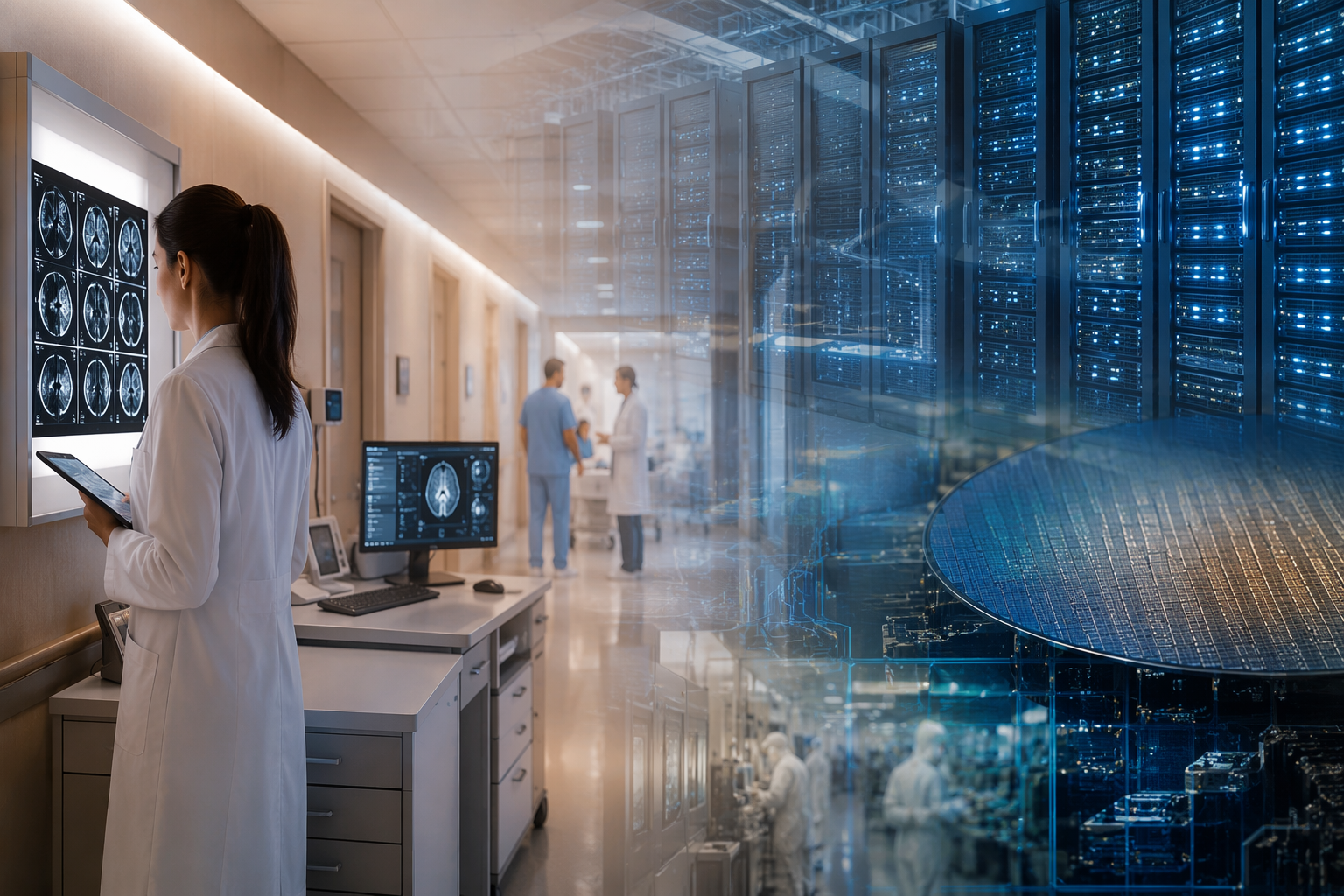 Clinical monitors overlaid with data center racks and semiconductor wafer patterns