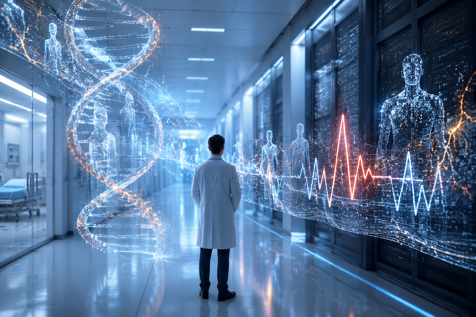Clinical data streams shaped into medical symbols with fragmented human silhouettes and warning cracks