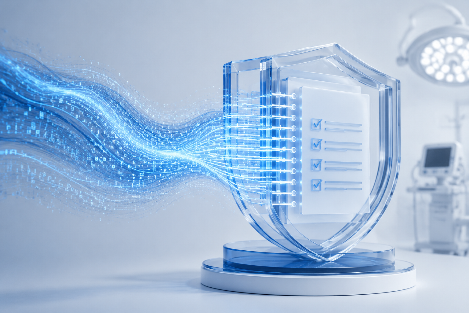 Glowing blue code flowing into a shield-shaped regulatory framework