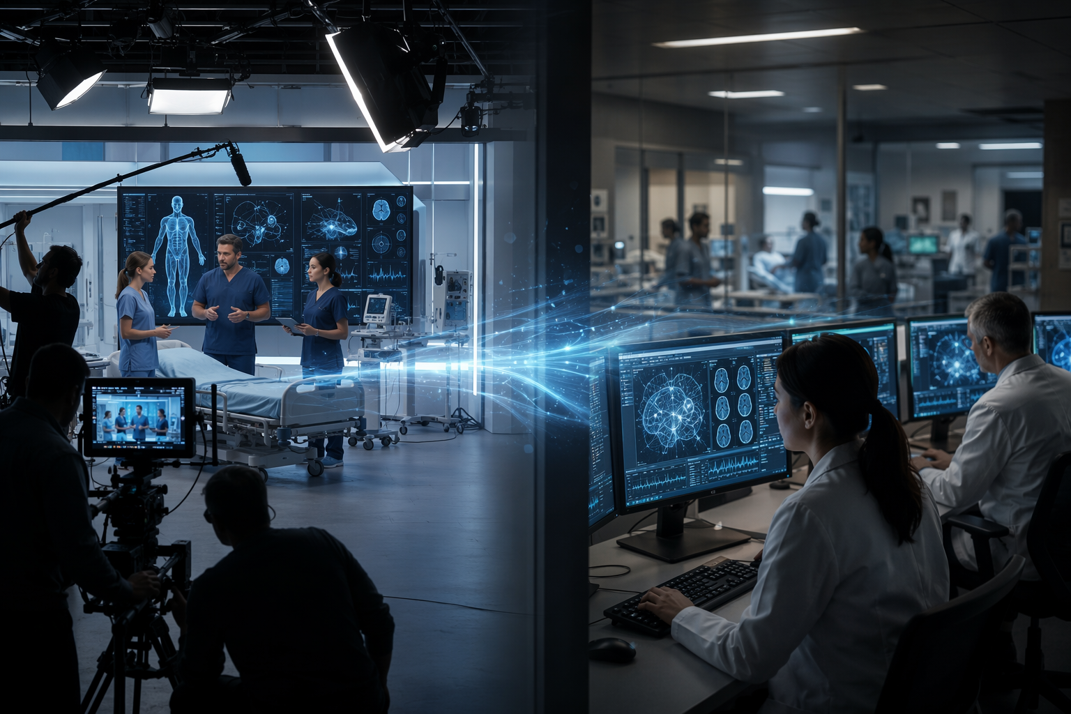 Medical drama set transitioning into a real clinical environment with AI-assisted systems
