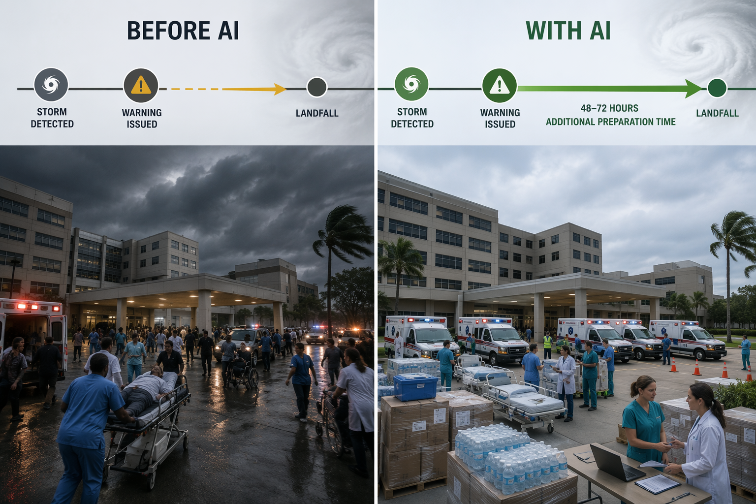 Hospital preparedness timeline comparing compressed and extended hurricane preparation windows