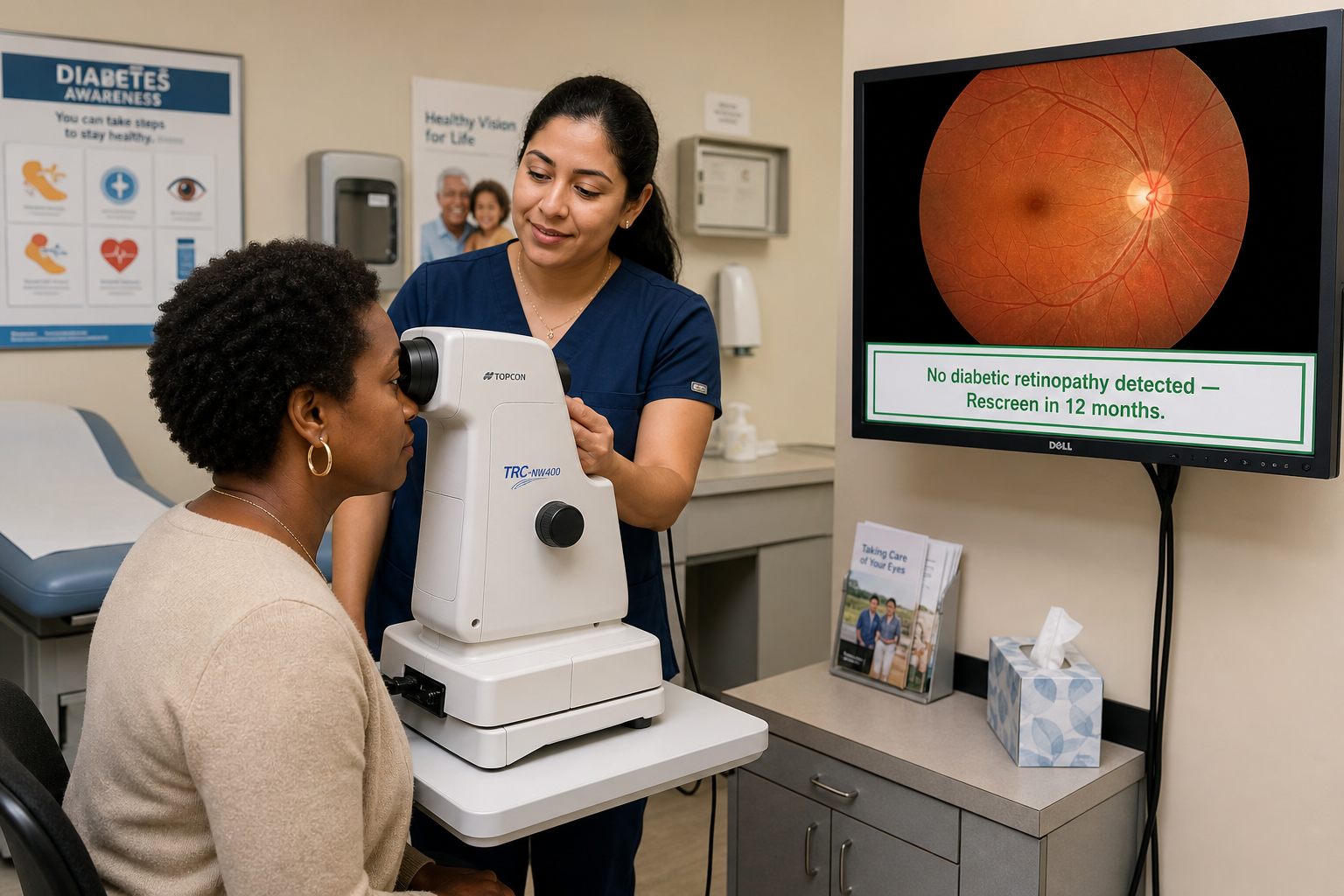A patient at a nonmydriatic fundus camera in a community primary care clinic, with a medical assistant and a wall-mounted AI output panel showing no diabetic retinopathy detected.
