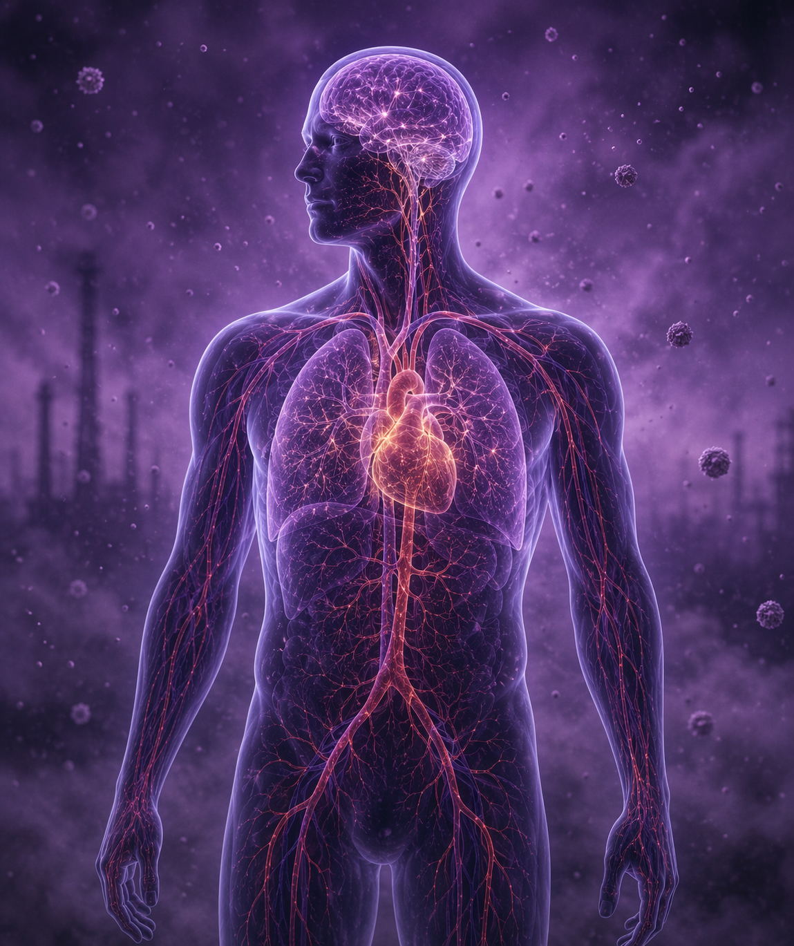 Human silhouette in purple haze with lungs, heart, and brain highlighted to show multisystem effects of fine particulate exposure