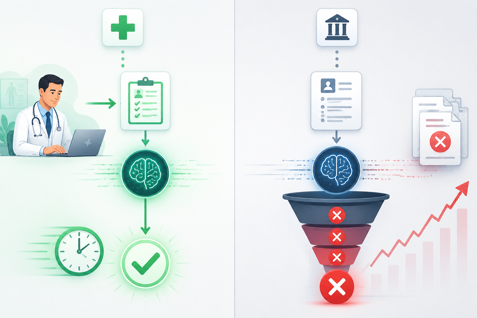 Two-column infographic contrasting provider-side AI approval support with payer-side AI denial funnel