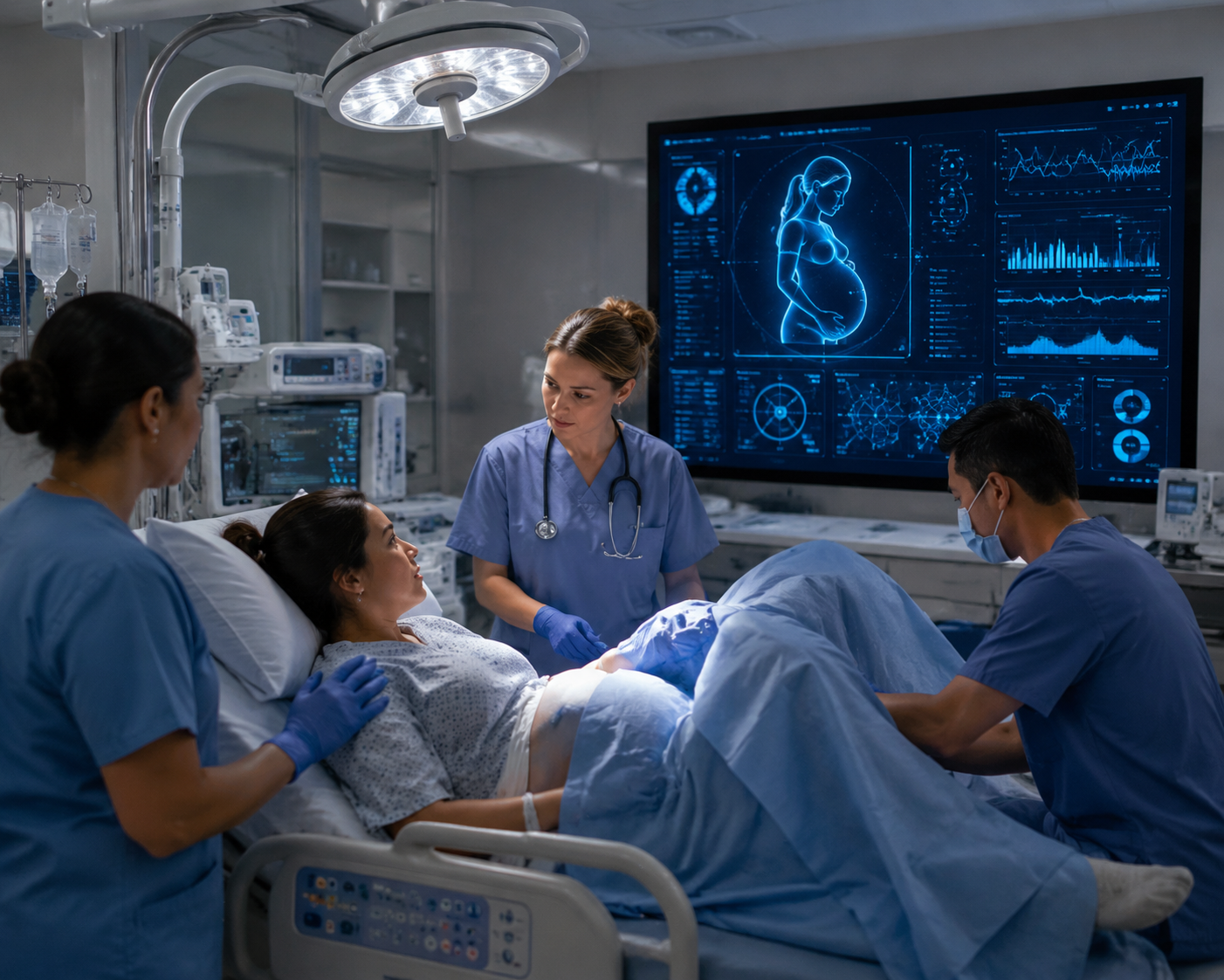 Modern labor and delivery room with staff and real-time AI clinical decision support monitoring