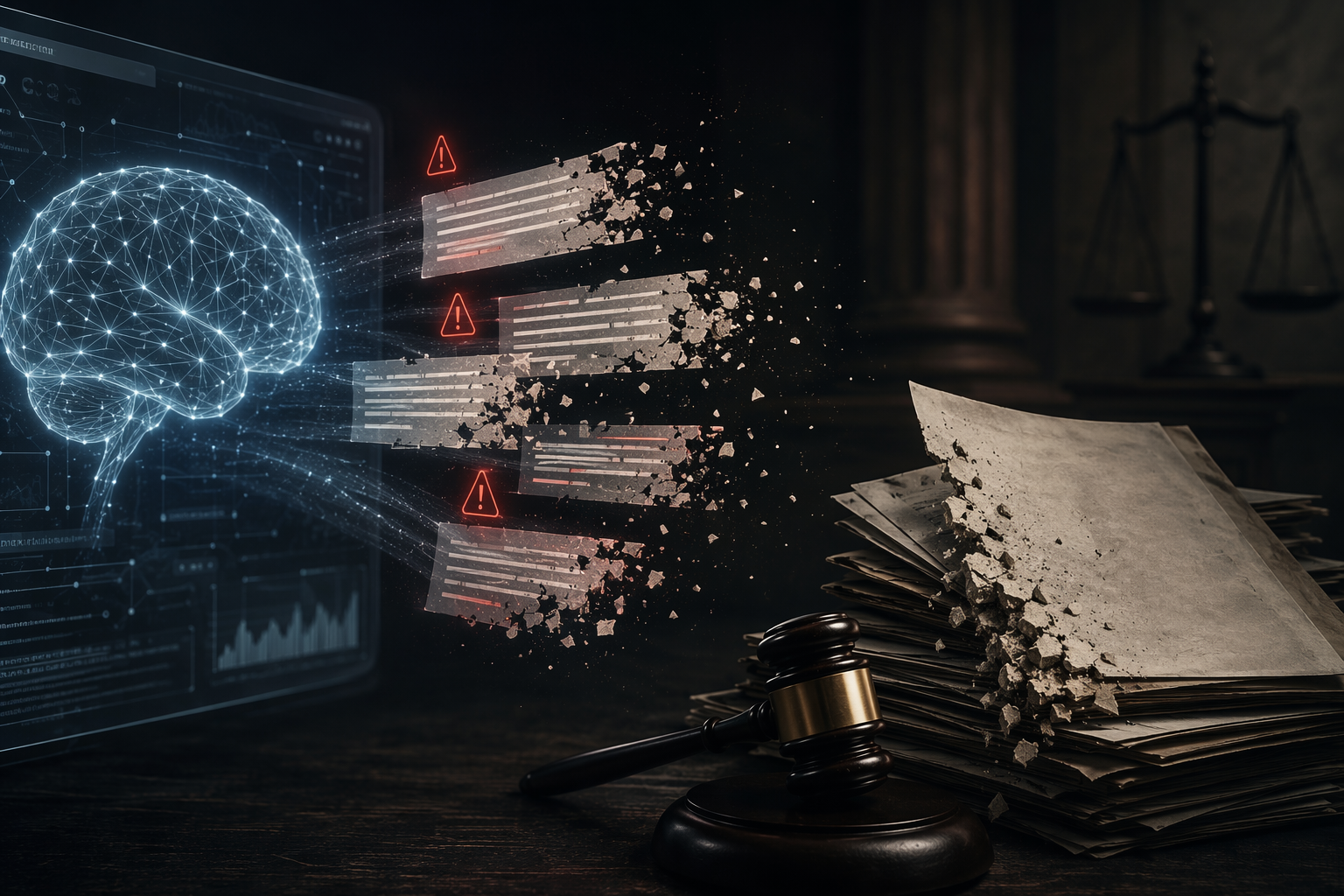 AI-generated legal citations fragmenting beside courtroom documents