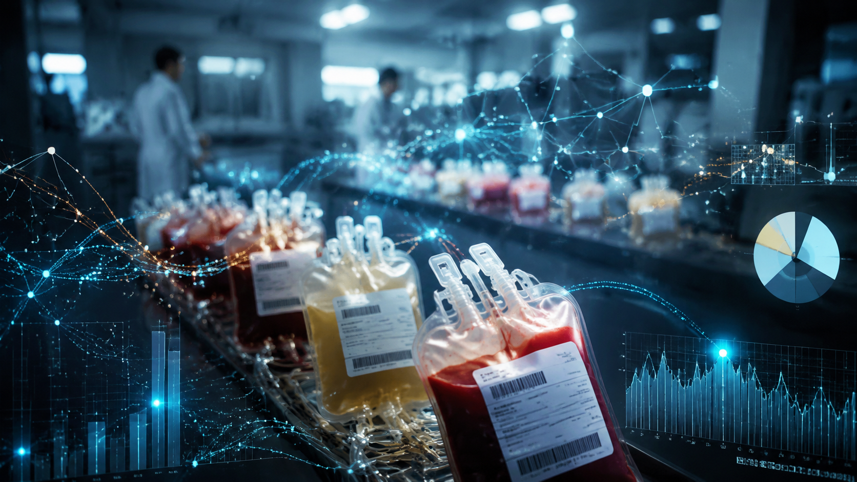 Blood product bags shown along an abstract supply chain with prediction charts and data streams
