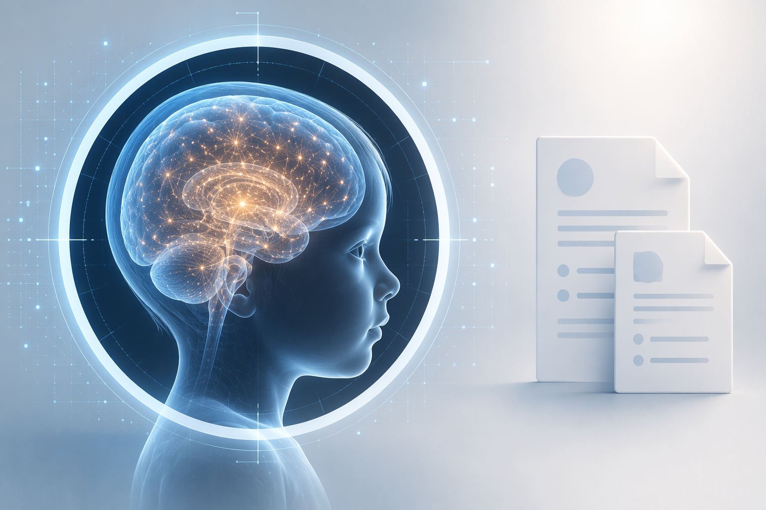 Pediatric head silhouette with CT scan ring, brain imaging elements, and clinical document shapes