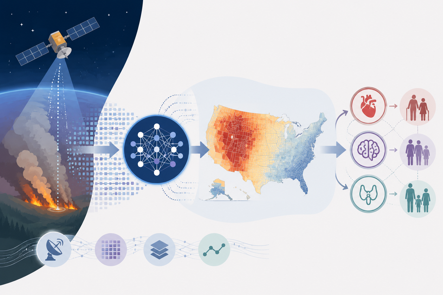 Workflow linking satellite smoke observations, neural network processing, county PM2.5 maps, and health burden indicators