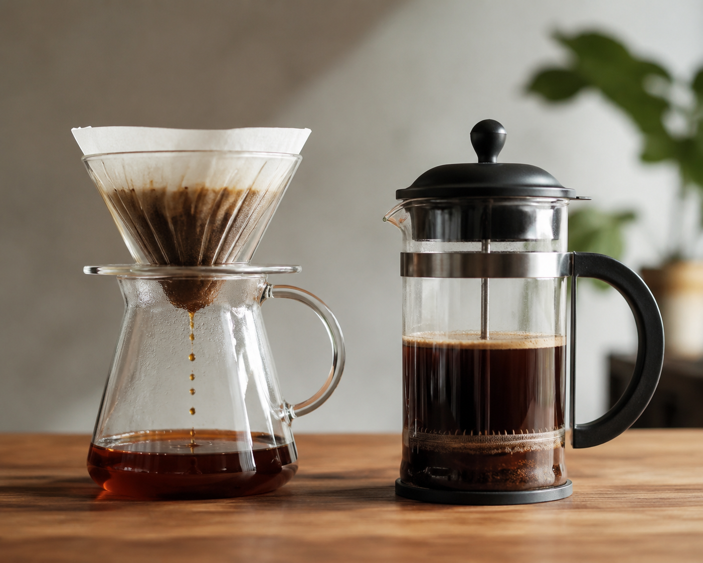 Paper-filter coffee setup beside a French press showing filtered and unfiltered brewing methods