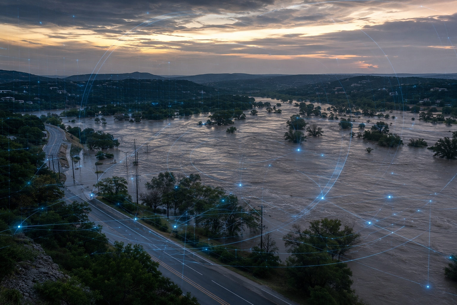 Flooded Texas Hill Country landscape with AI-style sensor and radar overlays