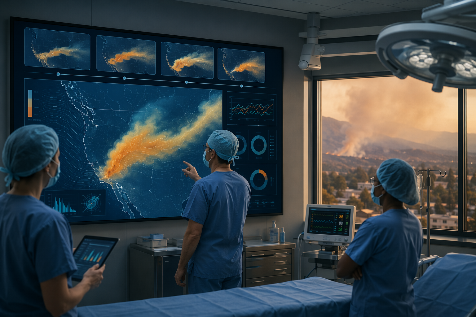 Operating room with an AI-driven air quality forecast map showing smoke approaching a hospital