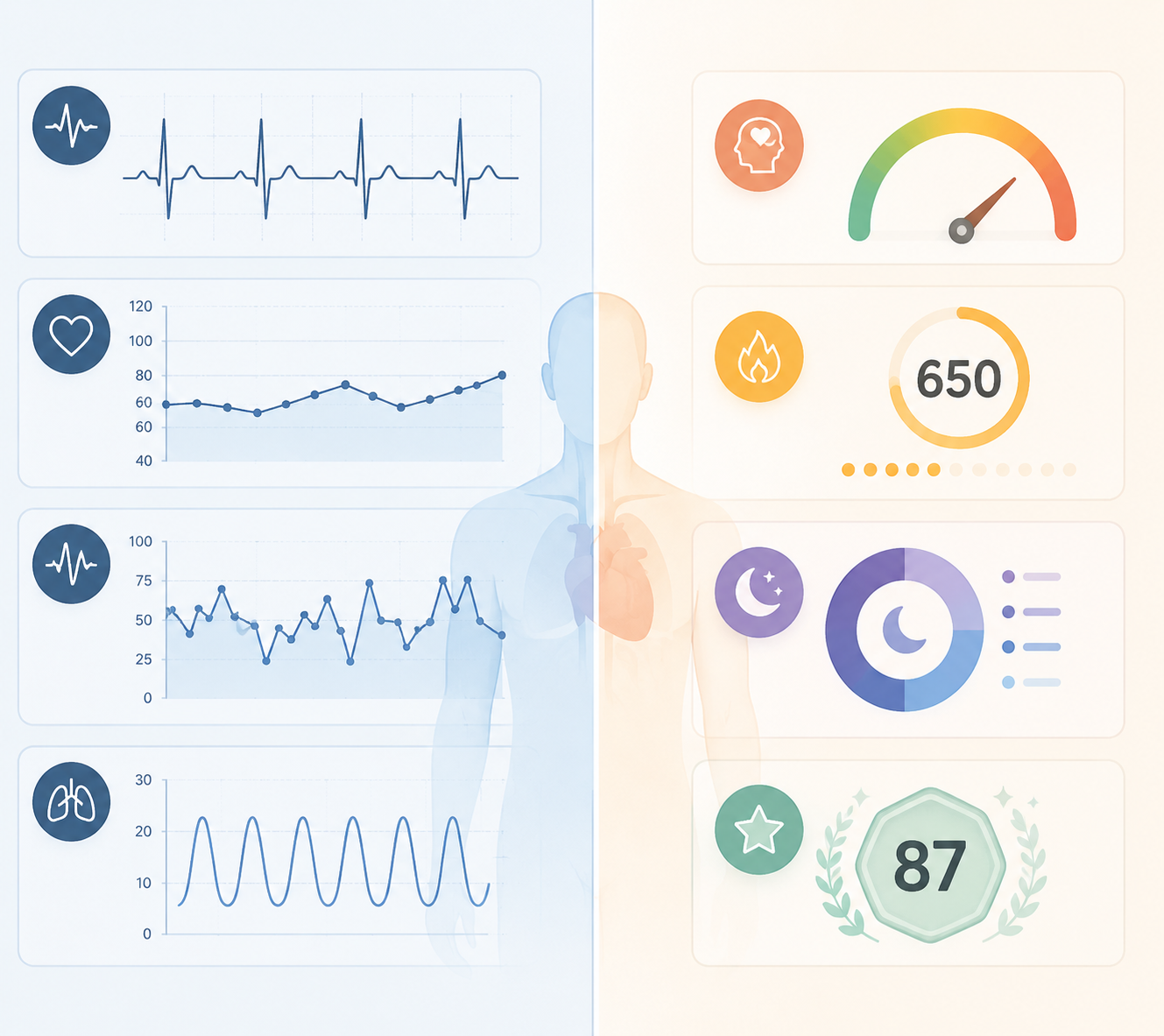 Split illustration separating validated resting measurements from wellness-level wearable metrics.