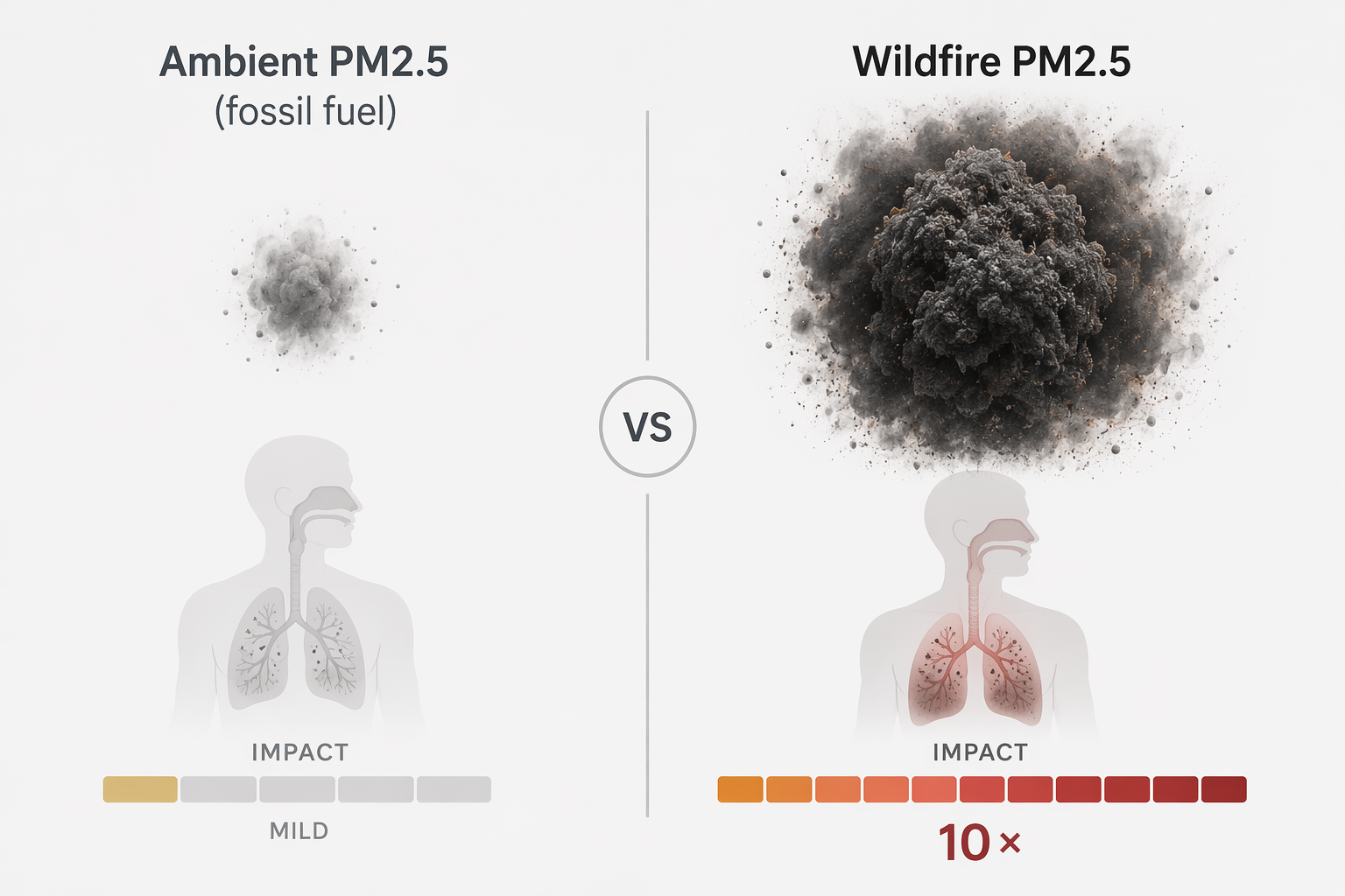 Comparison of ambient PM2.5 and wildfire PM2.5 with a 10 times impact notation
