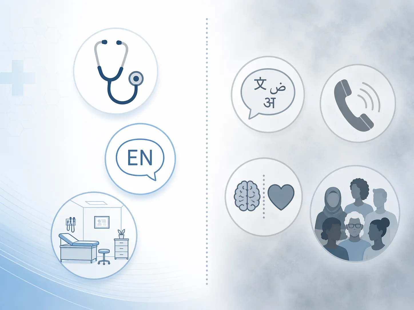 Diagram contrasting studied in-person primary-care settings with unstudied phone, multilingual, and subspecialty contexts