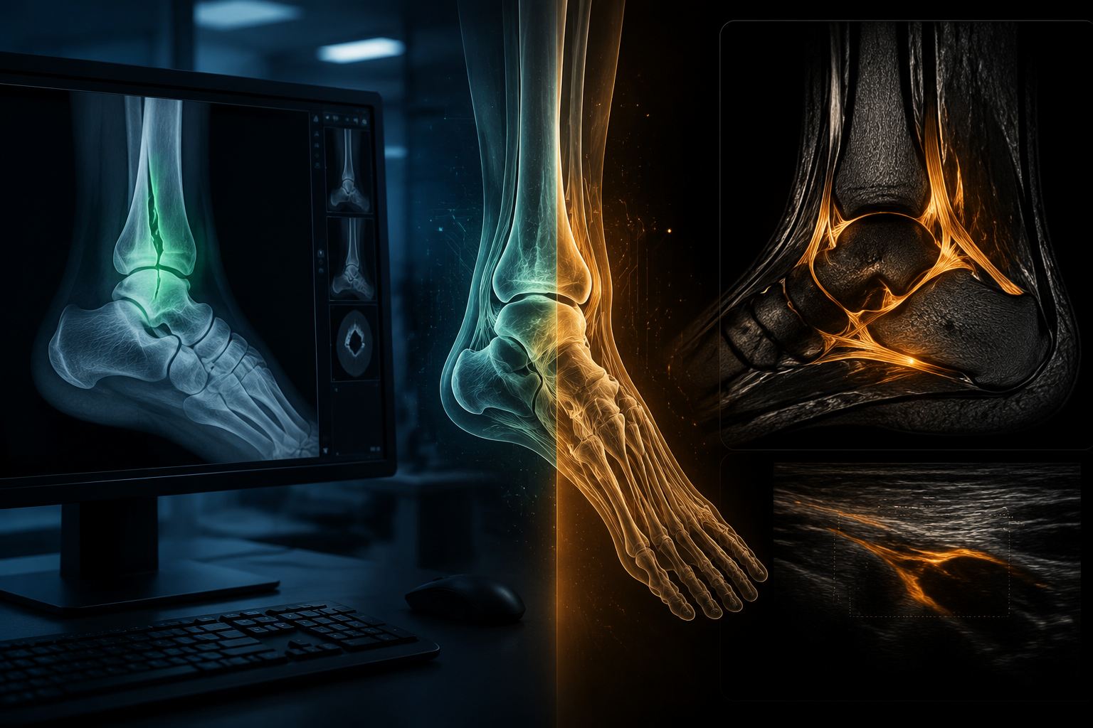 Radiology workstation comparing AI-assisted ankle X-ray fracture detection with MRI ligament and tendon assessment