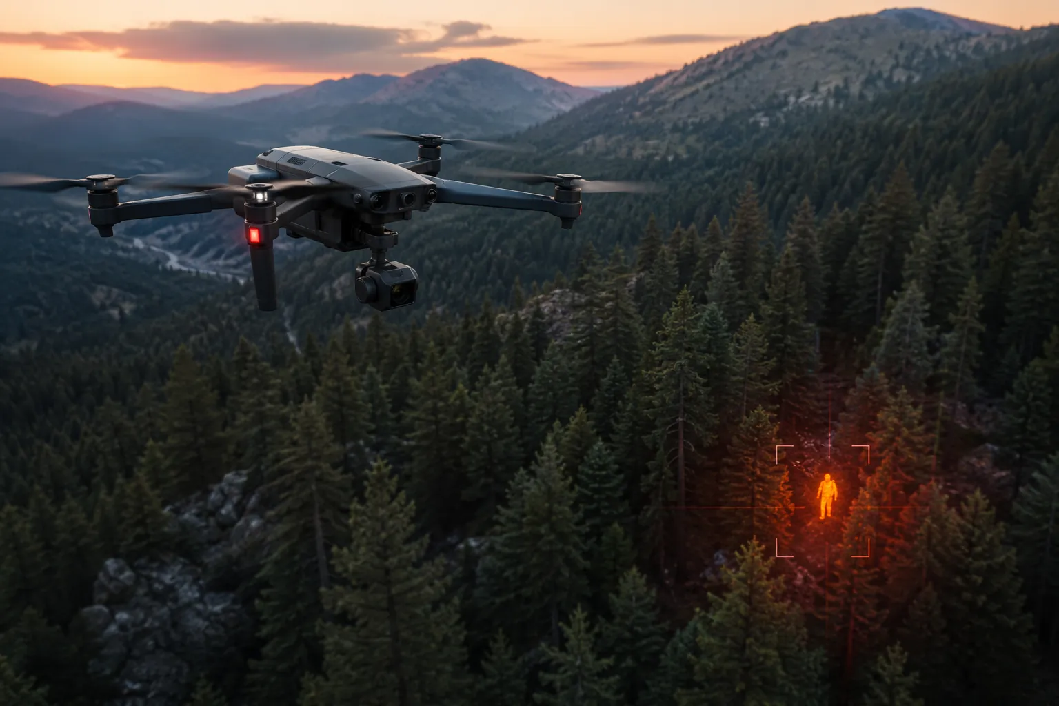 Drone with a thermal infrared camera flying above a forested mountain landscape and detecting a human heat signature below