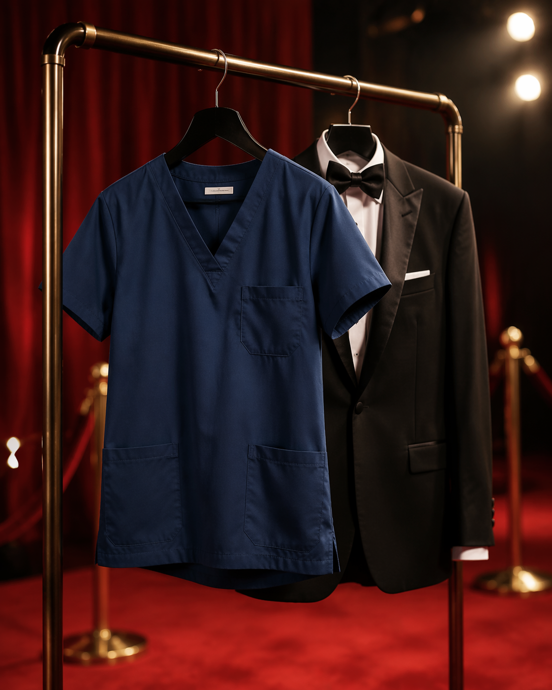 A modern medical scrub top beside an elegant black tuxedo jacket on a garment rack with red carpet styling