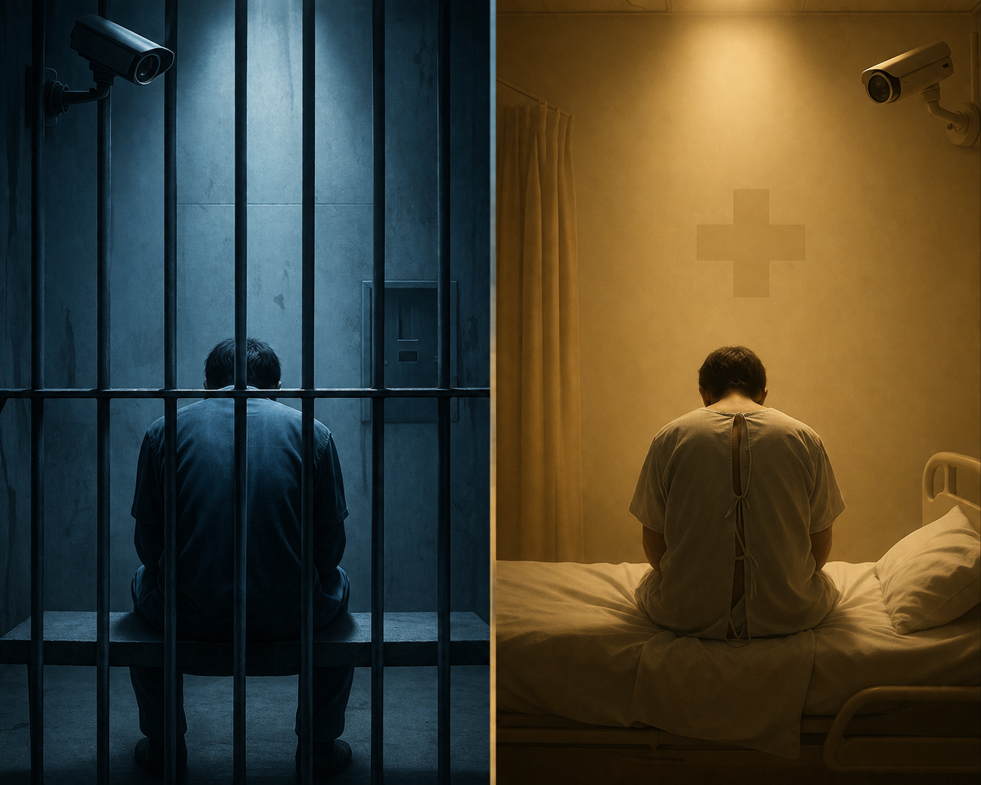 Side-by-side illustration comparing a monitored prison cell and a monitored psychiatric hospital room
