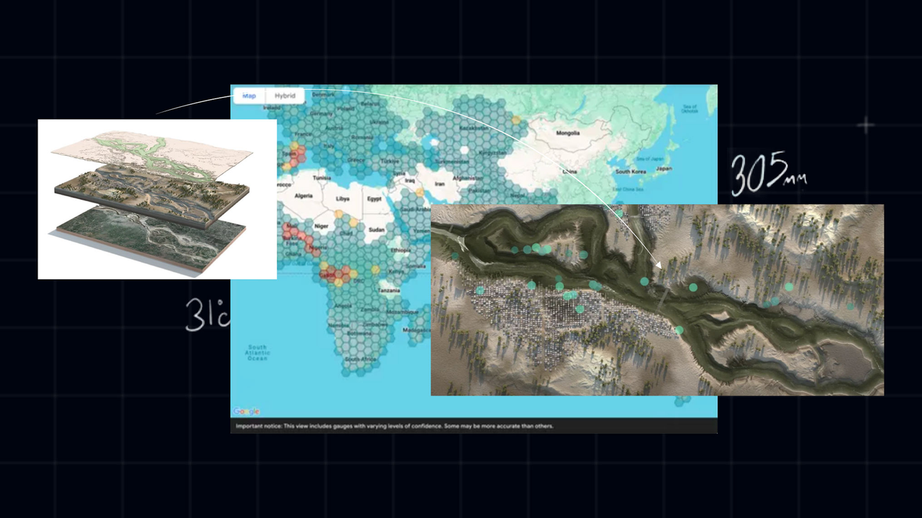 Google Flood Hub map interface showing flood forecasts and predicted inundation zones