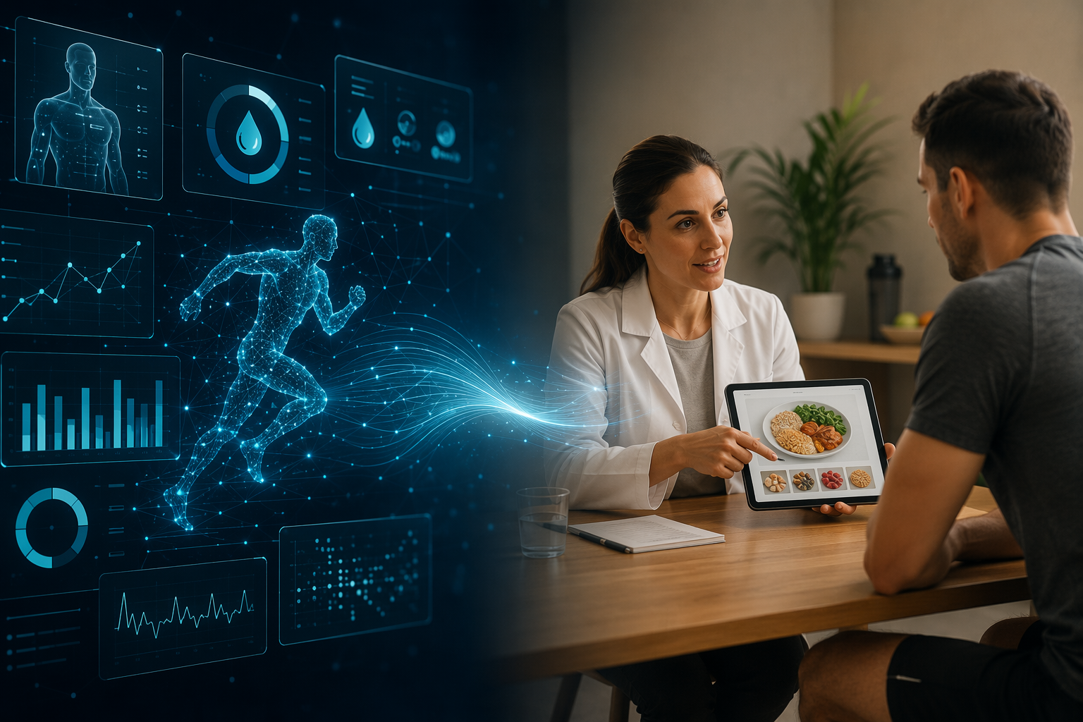 Digital hydration and recovery analytics connected to a sports clinician working with an athlete