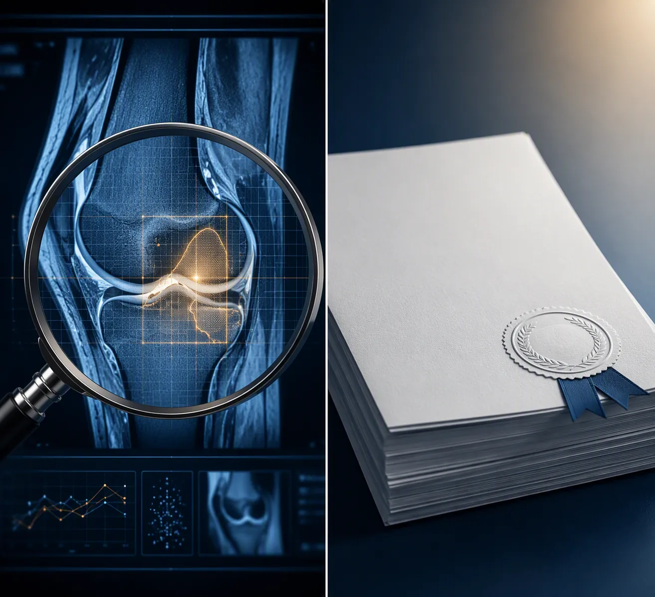 Split-screen illustration contrasting knee MRI analysis with regulatory documents