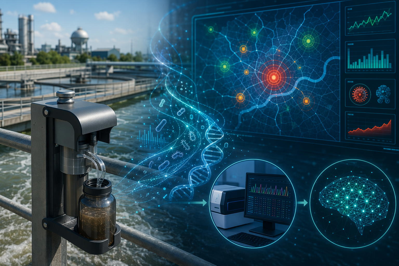 Wastewater treatment facility with data streams, DNA patterns, and detection markers on a map interface