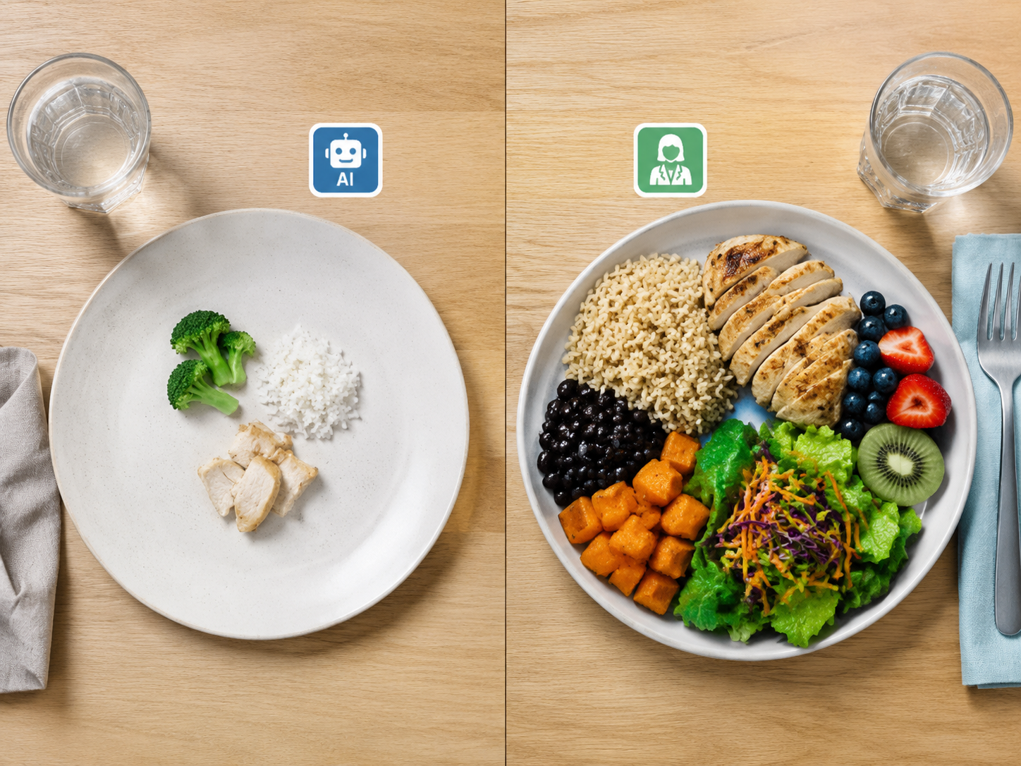 Side-by-side children's plates comparing a sparse AI meal with a fuller dietitian-designed meal.