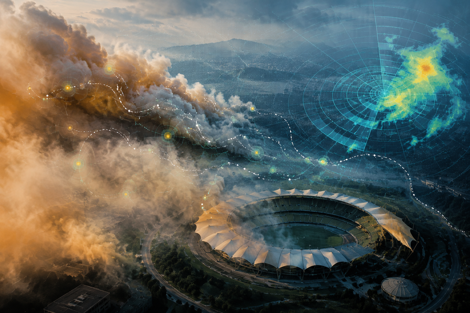 Outdoor stadium partly covered by wildfire smoke with forecast radar rings and PM2.5 markers