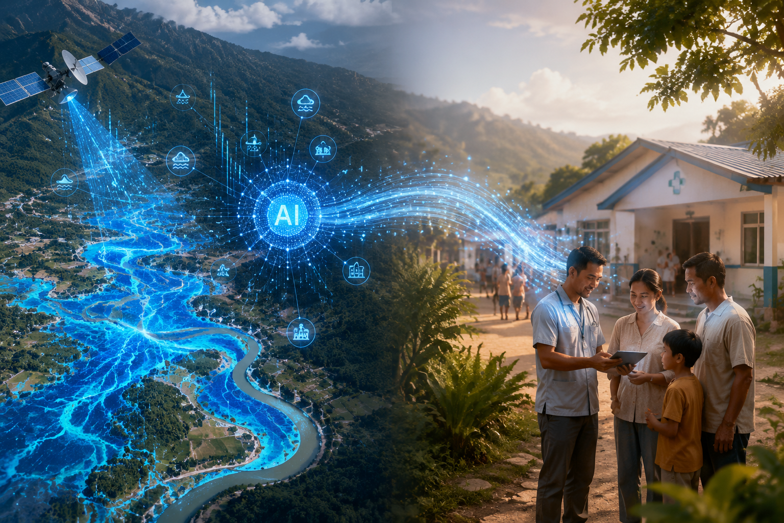 AI flood prediction data connected to a community health clinic and household response scene