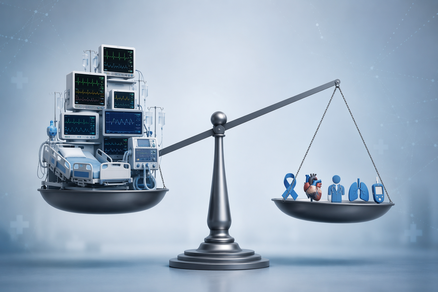 A balance scale showing ICU prediction evidence outweighing oncology, cardiology, and primary care evidence