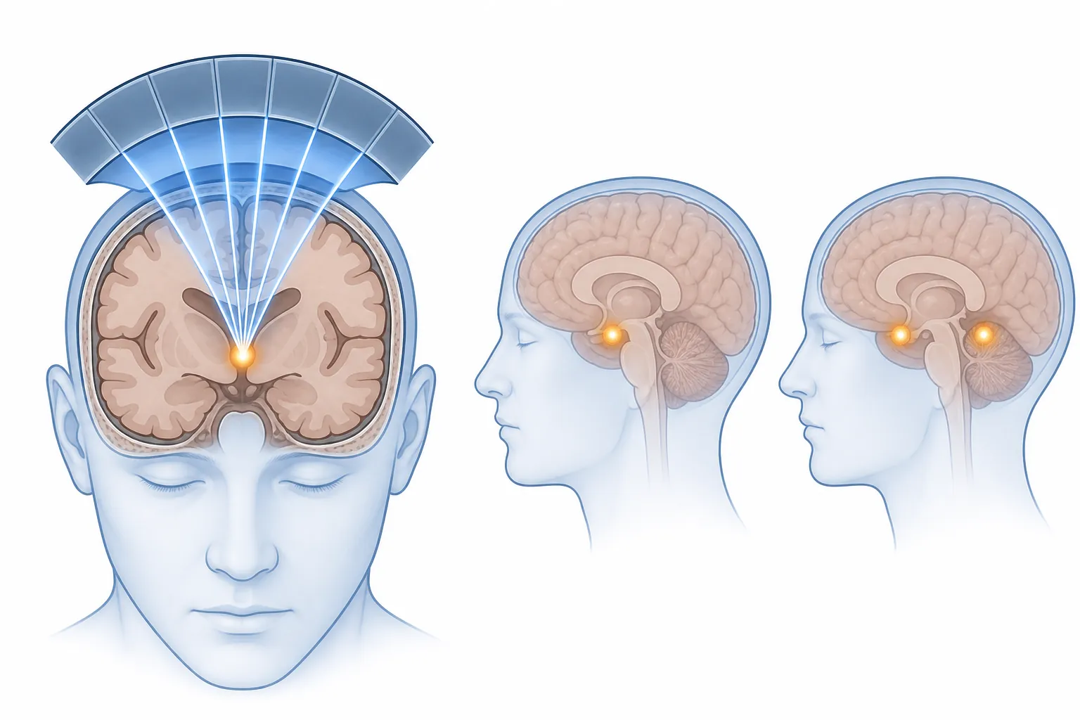 Diagram of focused ultrasound beams converging on a deep-brain target, with unilateral and bilateral target concepts shown side by side