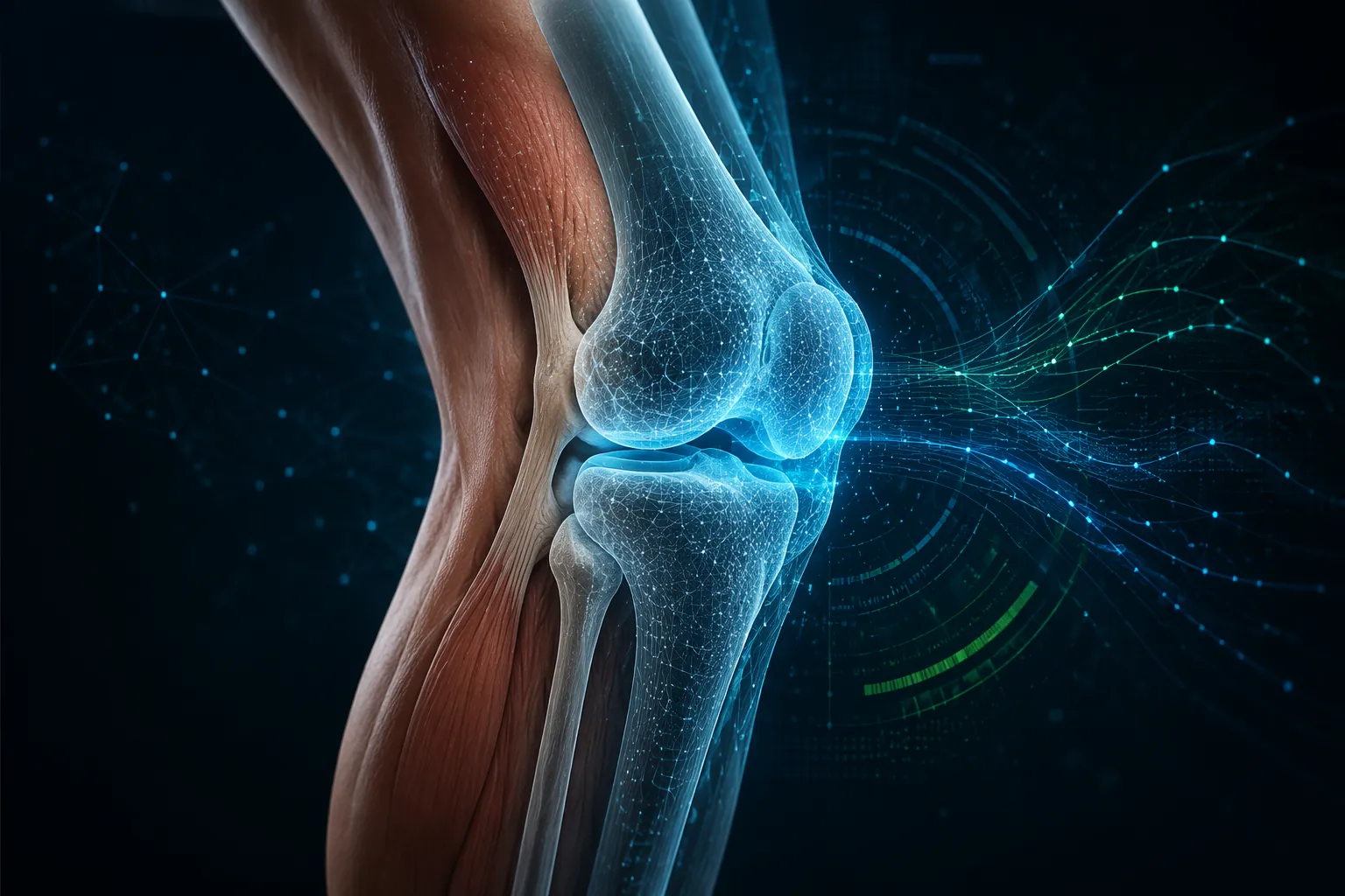 Digital wireframe visualization of a human knee joint with AI network data points